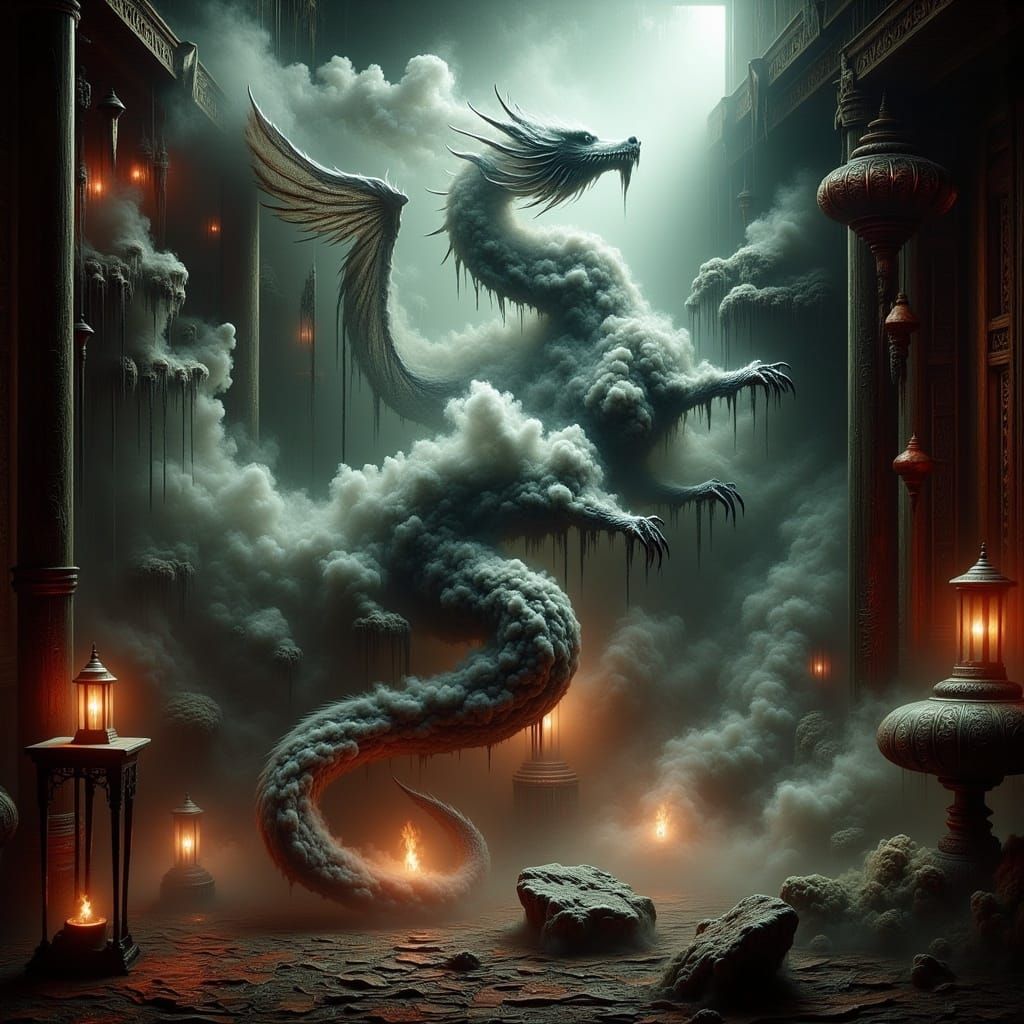 Surreal Dragon Emerges from Opium Smoke in a 19th-Century De...