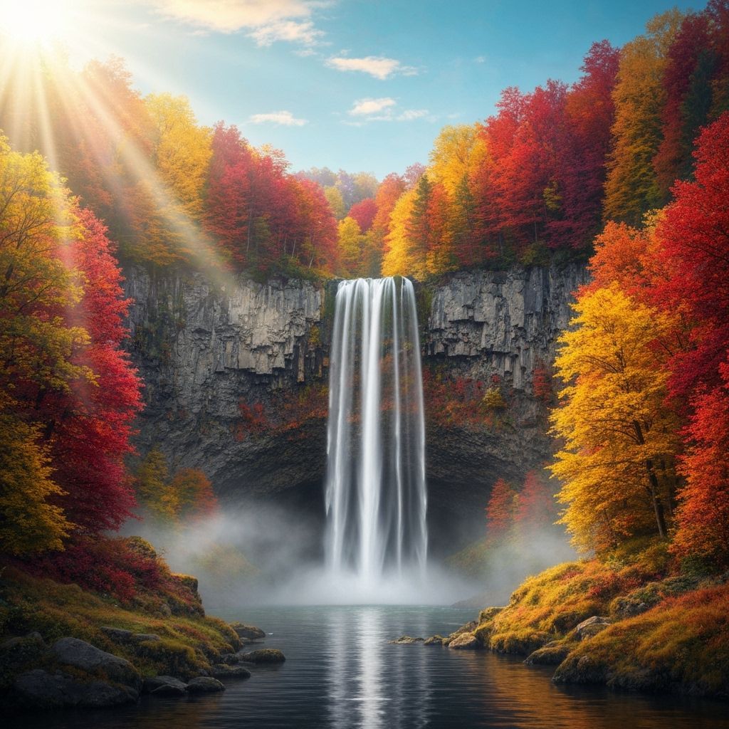 Mystical Autumn Waterfall in Ethereal Matte Painting Style