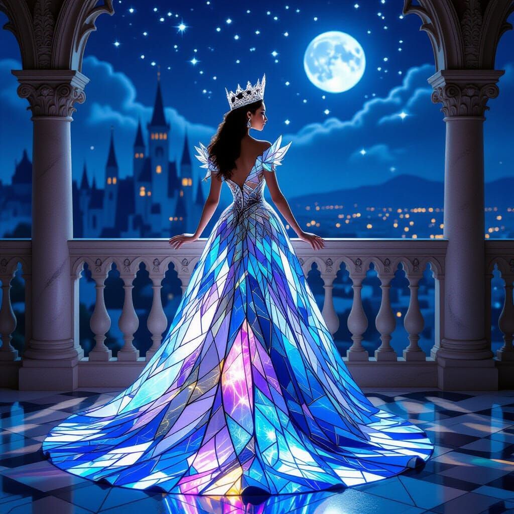 Regal Queen in Iridescent Glass Gown Overlooking Kingdom