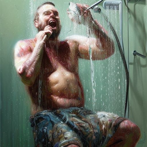 Man Singing in Shower, Oil Painting Style