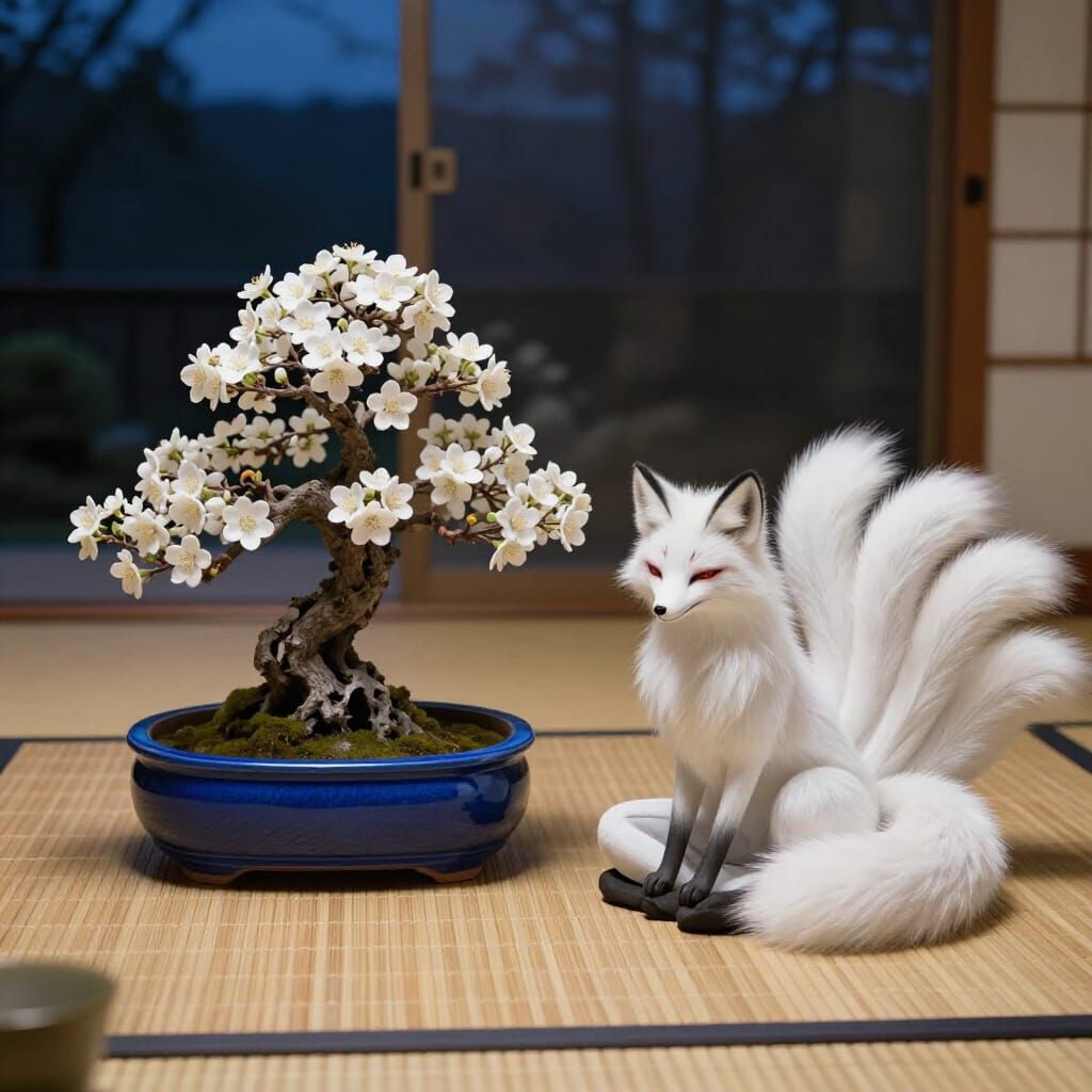 Twilight Tea House: Apple Bonsai & Meditating Fox
