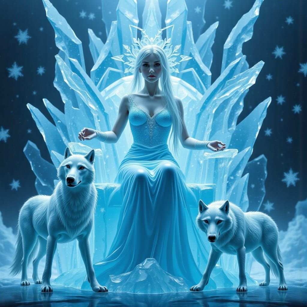 Majestic Ice Queen on Crystalline Throne in Arctic Twilight