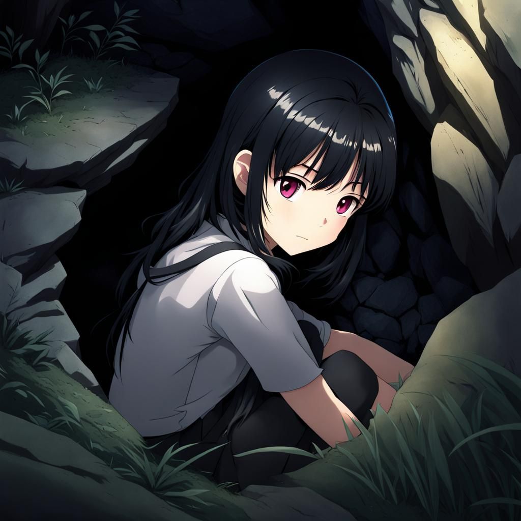 Anime Girl in Dark Cave, Manga Style
