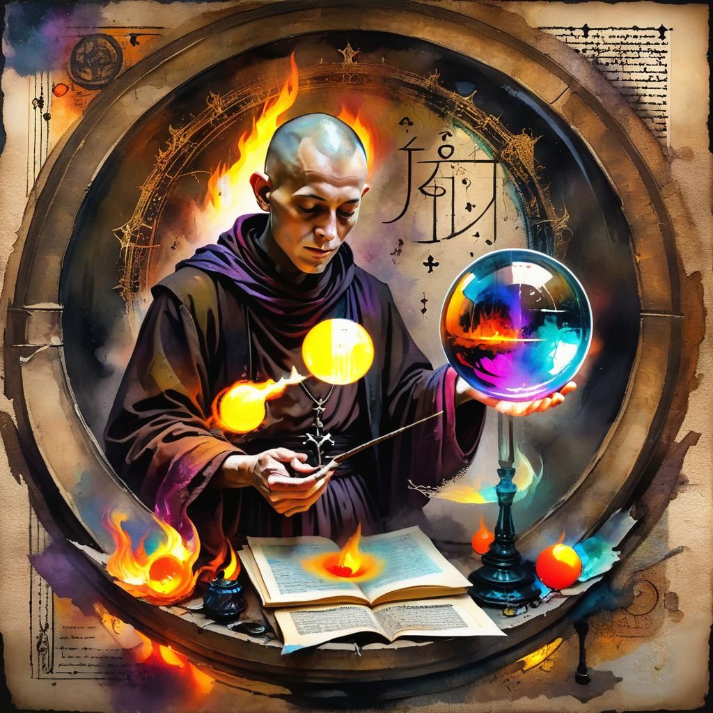 Gothic Monk Soothsaying with Orb in Watercolor