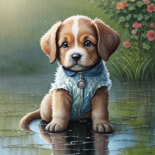 little puppy in the rain