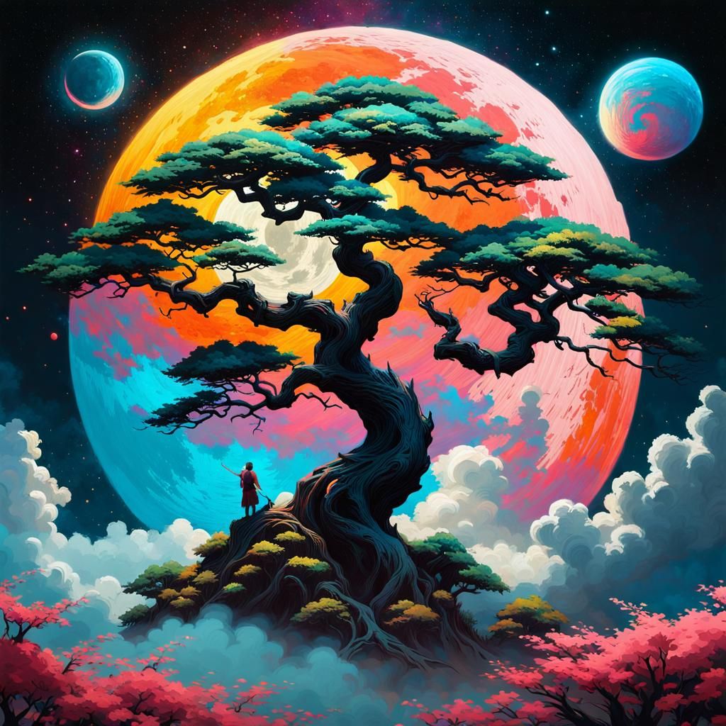 Tree in Clouds with Luminous Moons, Surrealist Art