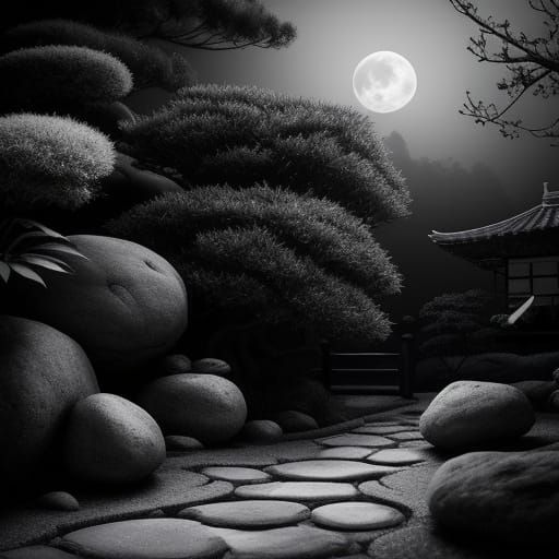 Film Noir Zen Garden with Cat and Bats