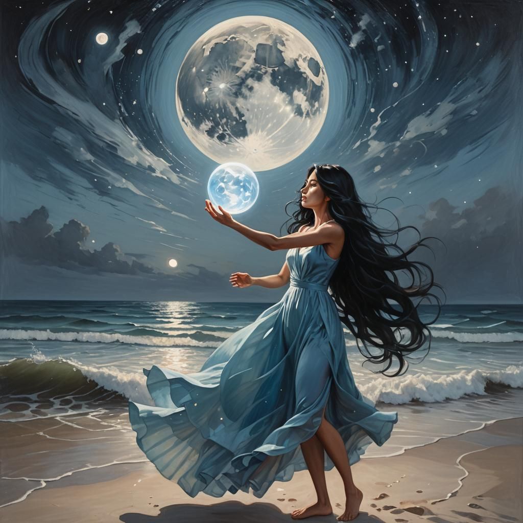 Ethereal Woman with Energy Orb Under Moonlight
