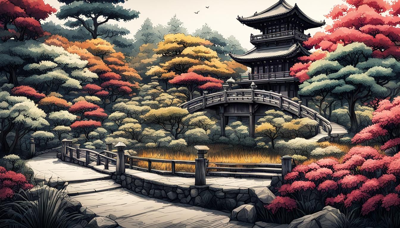 Detailed Japanese Botanical Garden Color Ink Sketch