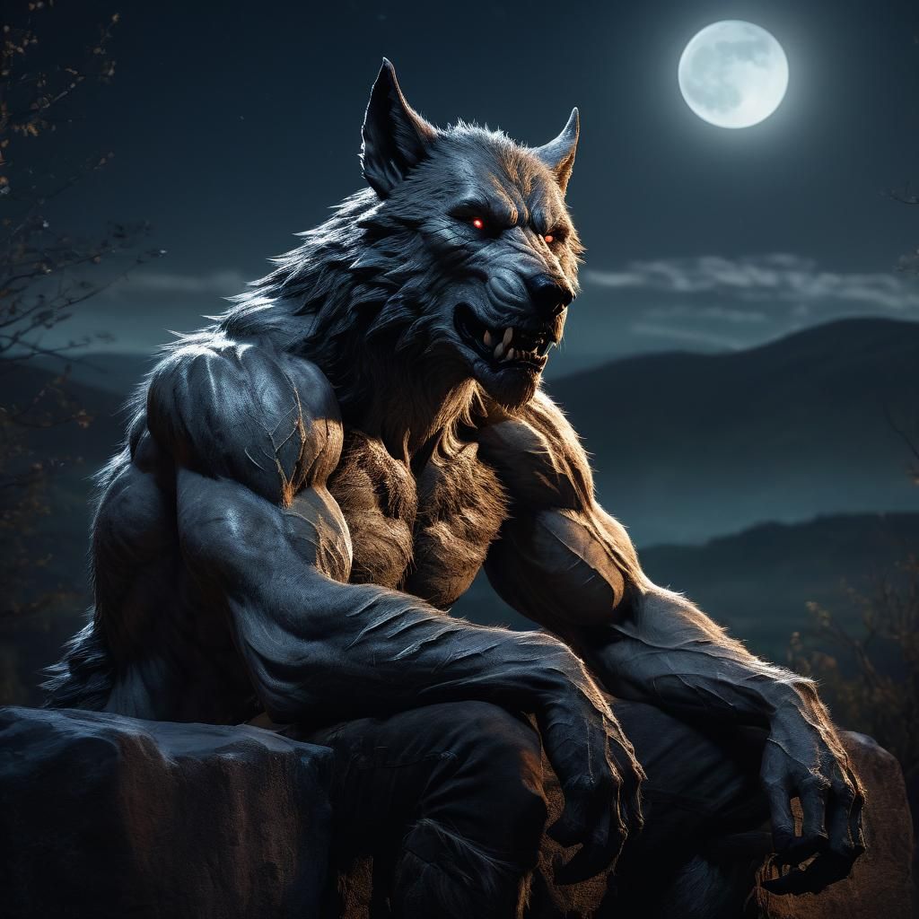 Handsome Werewolf Transformation in Moonlight, Digital Art