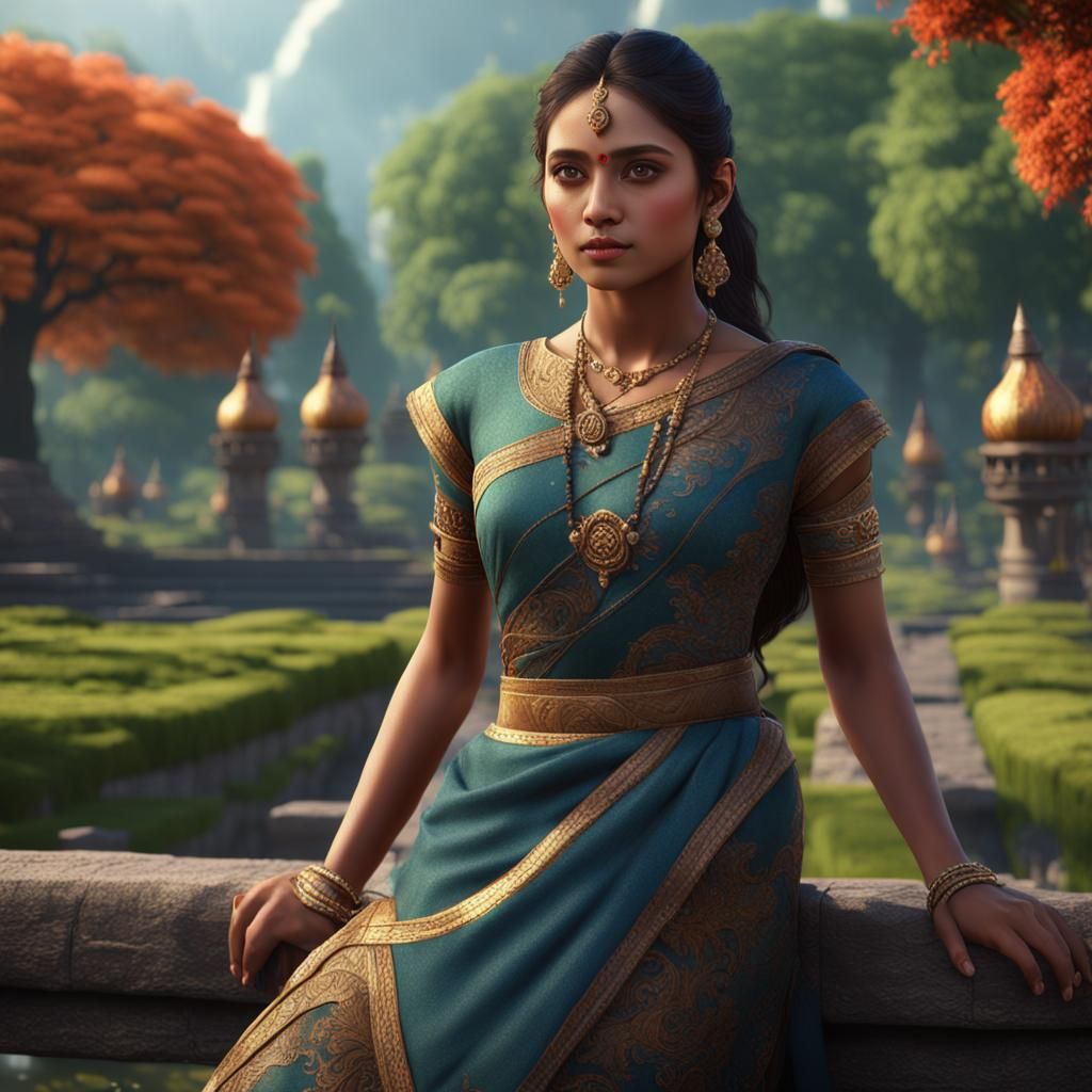 Assamese Girl in Park: Fantasy Concept Art