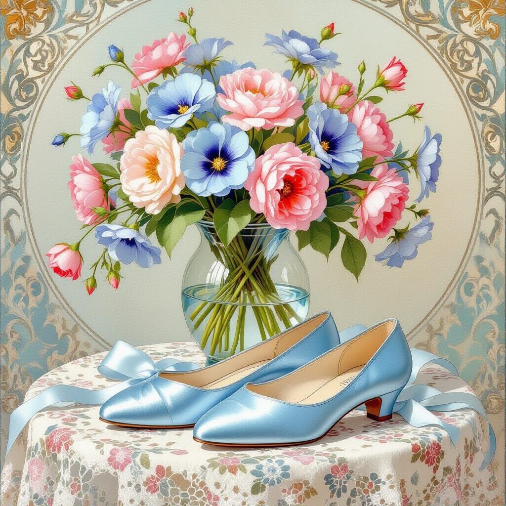 Blue Ballet Pumps with Flowers, Art Nouveau Illustration