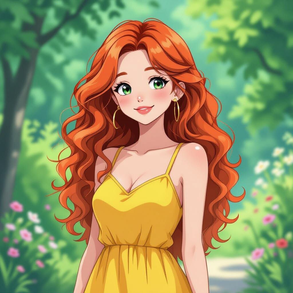 Anime Young Woman with Curly Red Hair in Yellow Dress