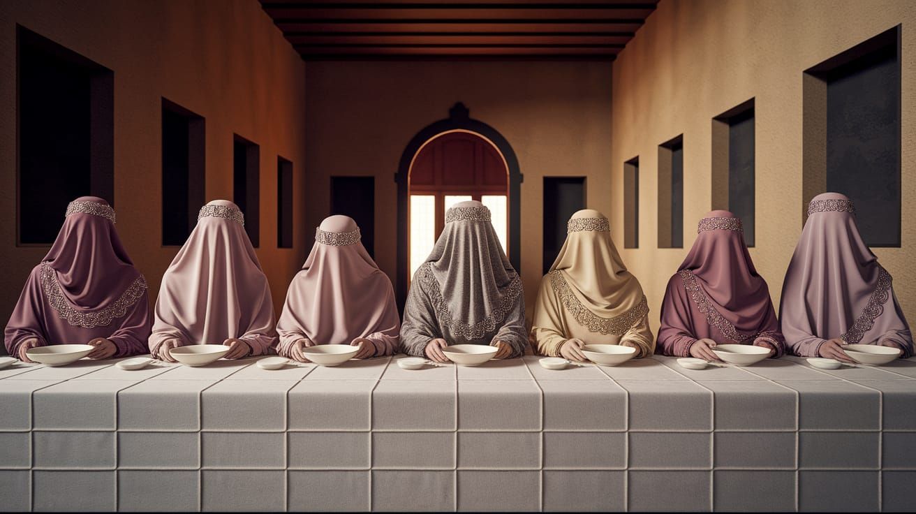 Women in Burqas Gather for a Feast in a Luxurious Setting