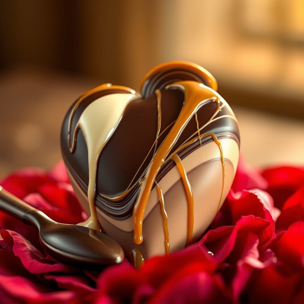 Decadent Chocolate Heart on Crimson Rose Petal