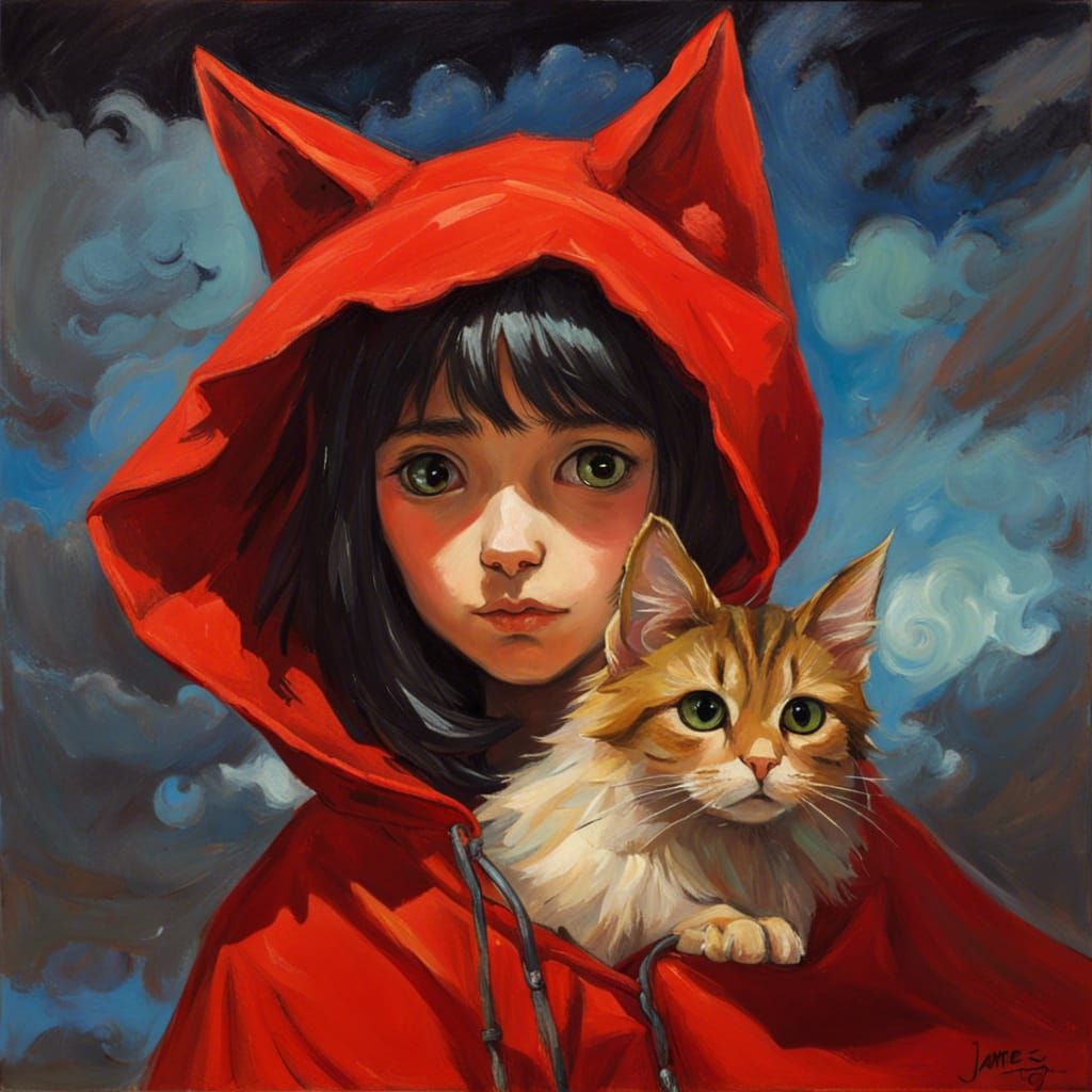Anime Cat Girl in Van Gogh Style Oil Painting