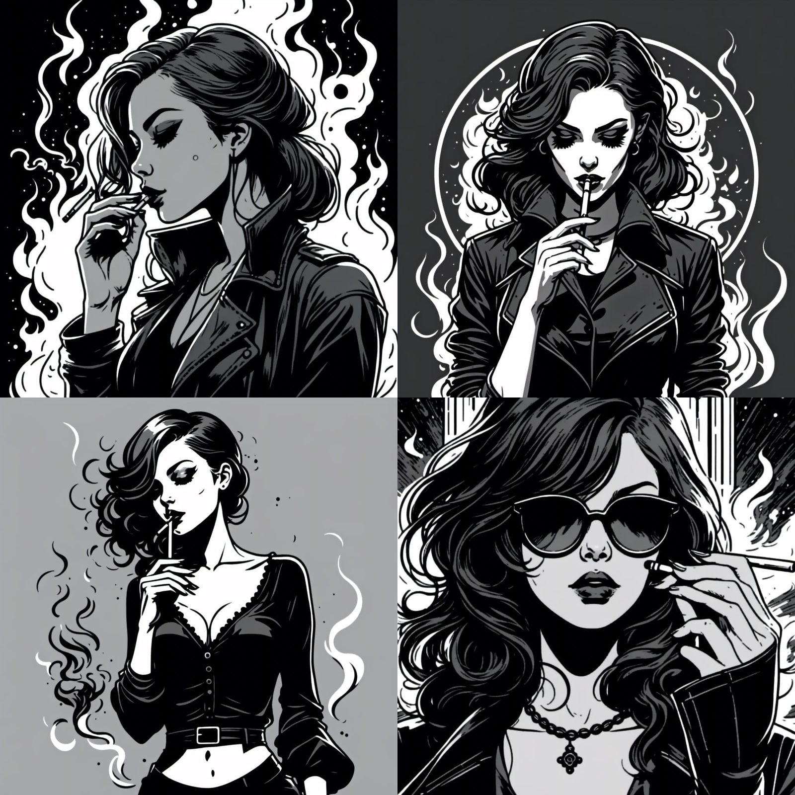 Gothic Girl Smoking: Vector Line Art Portrait