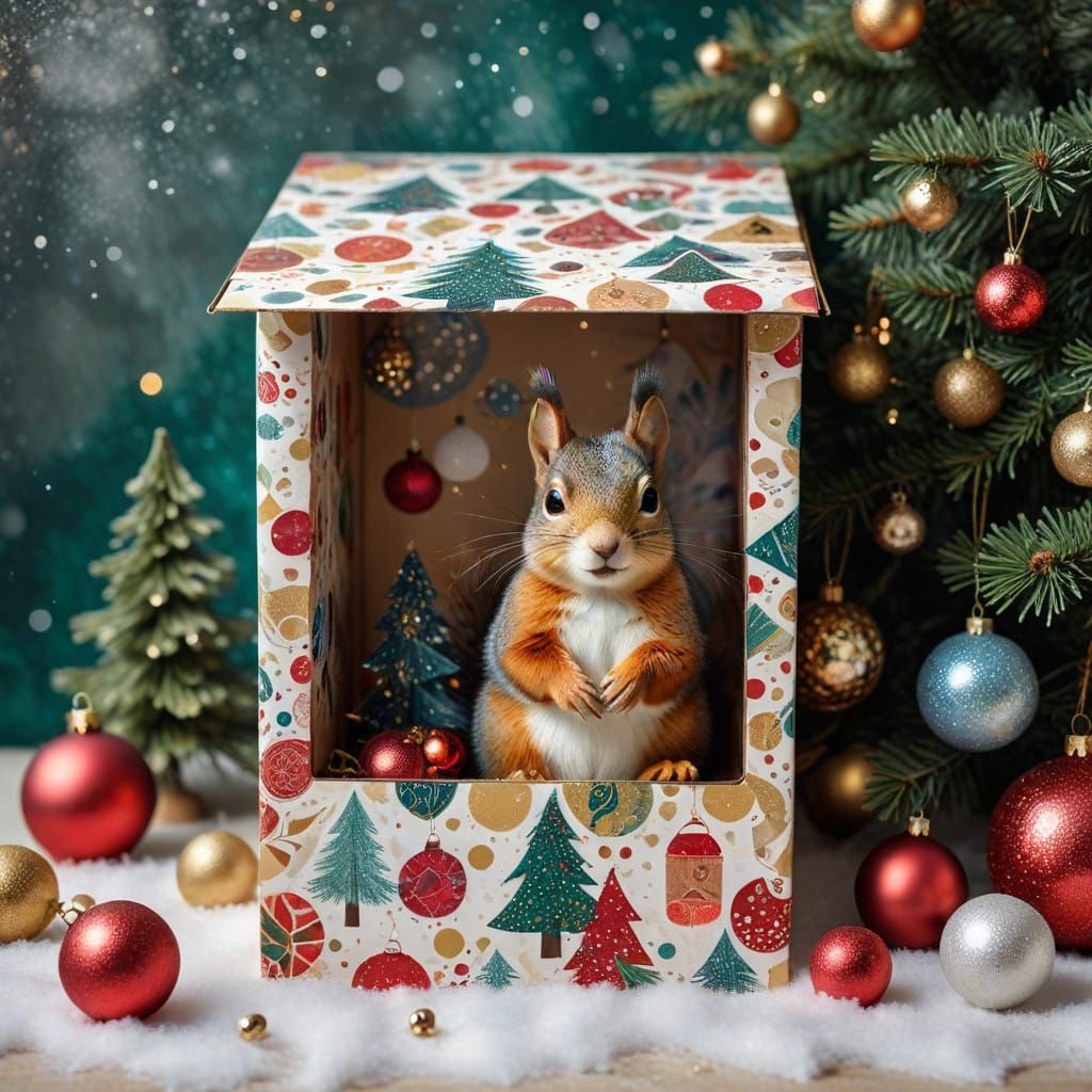 Squirrel and Christmas Tree in a Gustav Klimt-Inspired Winte...