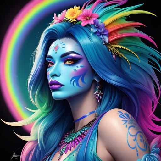 Rainbow Dragon Woman with Flower Crown in Synthwave