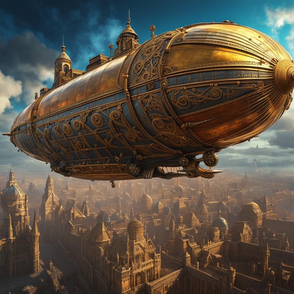 Steampunk Zeppelin Over Cyberpunk Gothic City