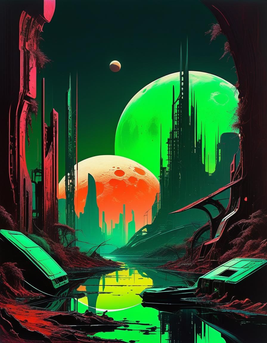 Alien Ruins on Crimson World Under Green Moon