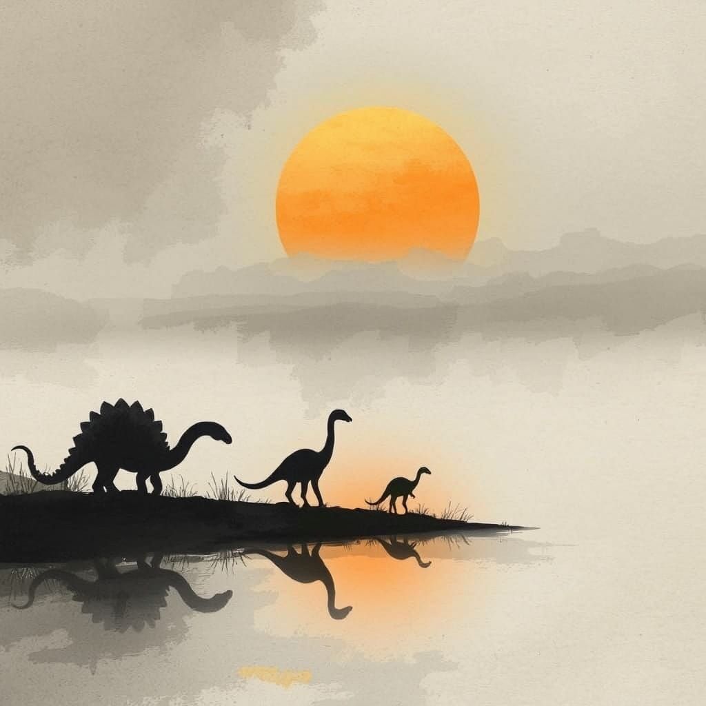 Dinosaur Silhouettes at Sunset in Watercolor Style
