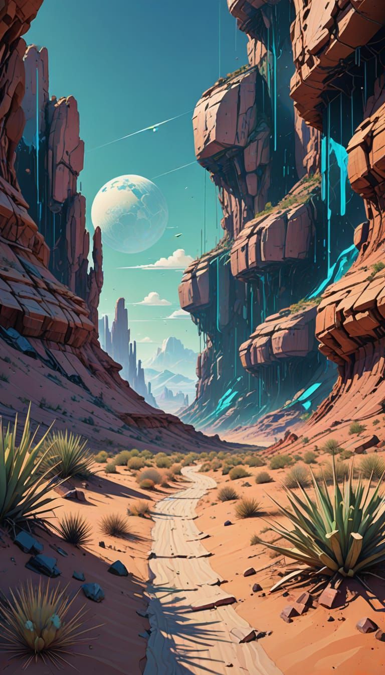 Glitching Futuristic Desert Landscape with Distorted Code