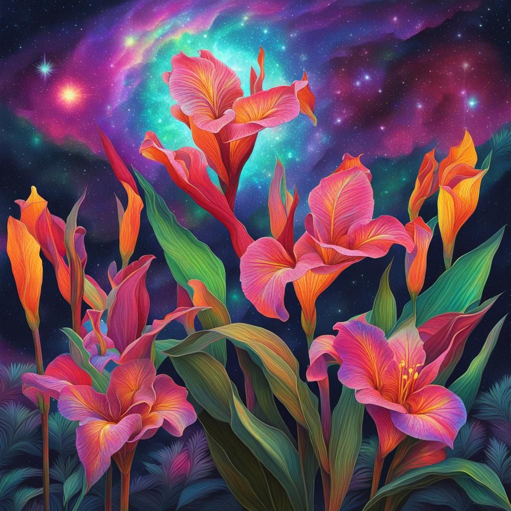 Canna Lilies in Astral Cosmic Illustration Style