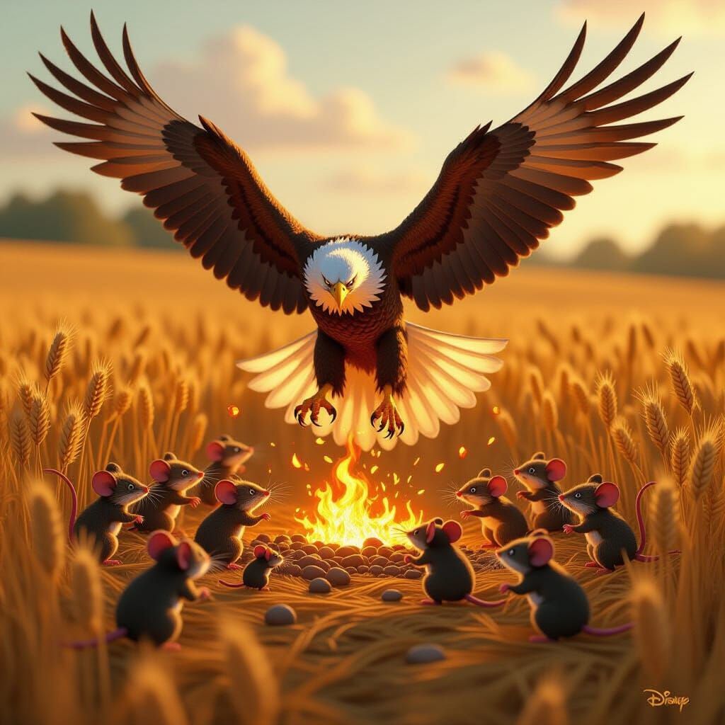 Giant Eagle Attacking Brave Mice in Disney Style