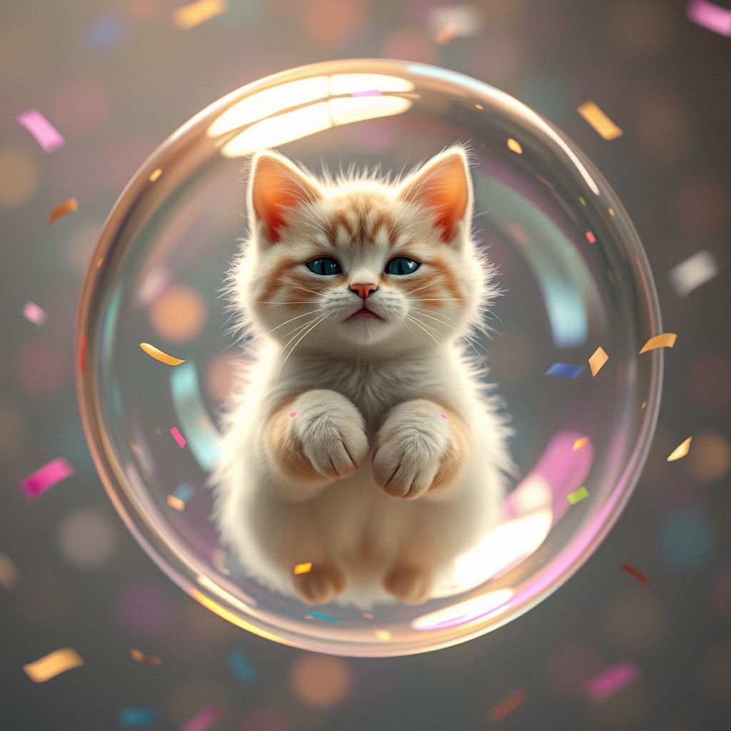 Cat in Bubble with Confetti, Fantasy Concept Art