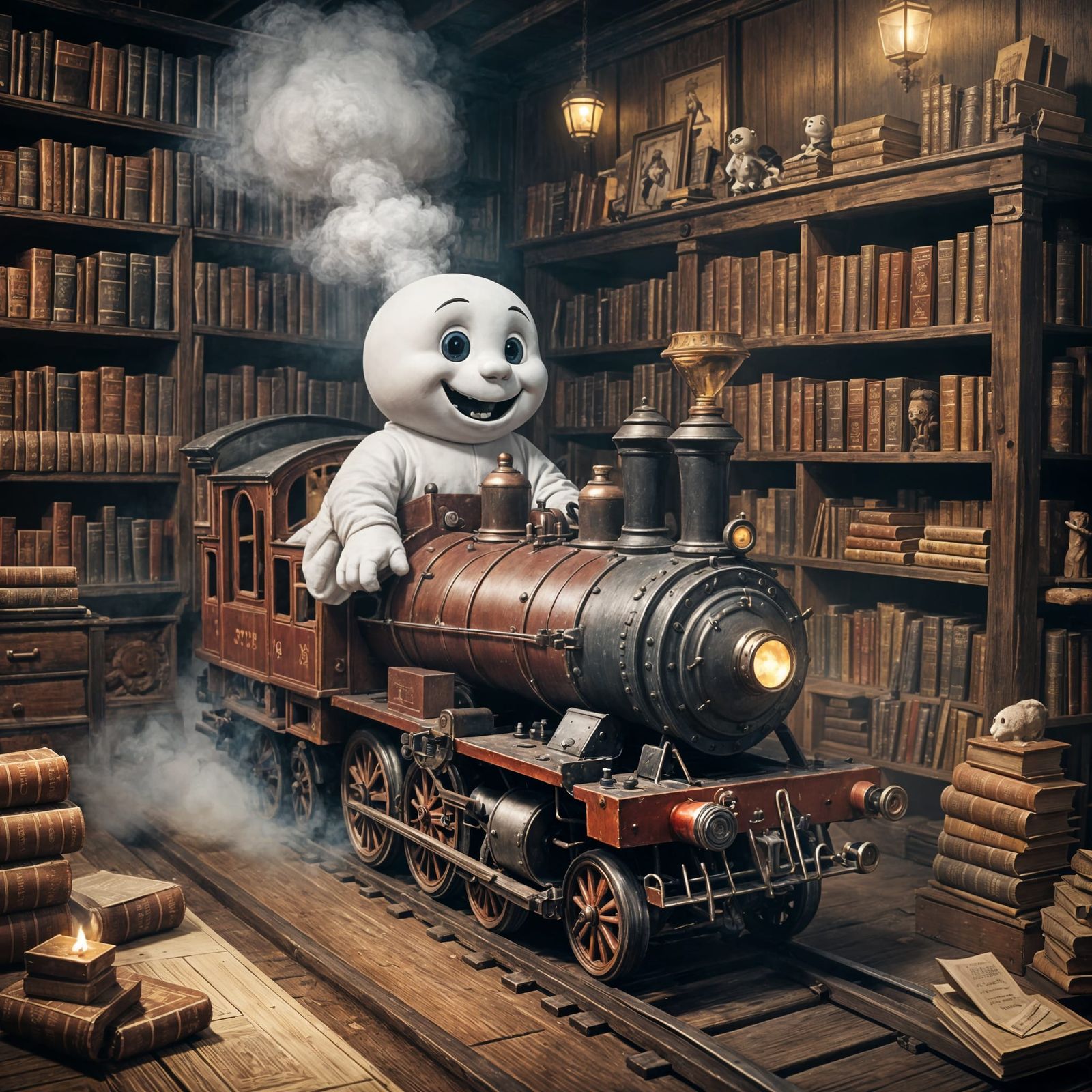 Casper the Ghost on a Toy Steam Train