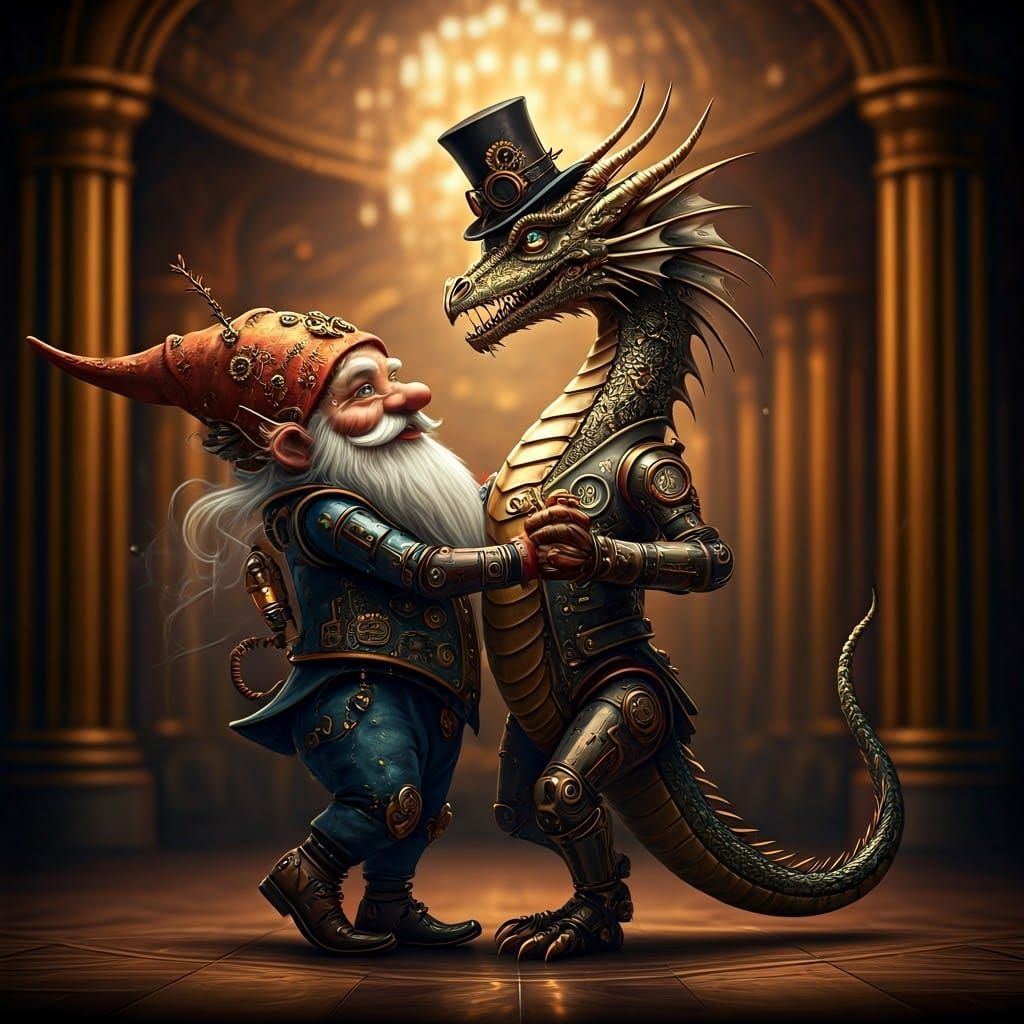 Steampunk Dragon Dances with Gnome in Ballroom