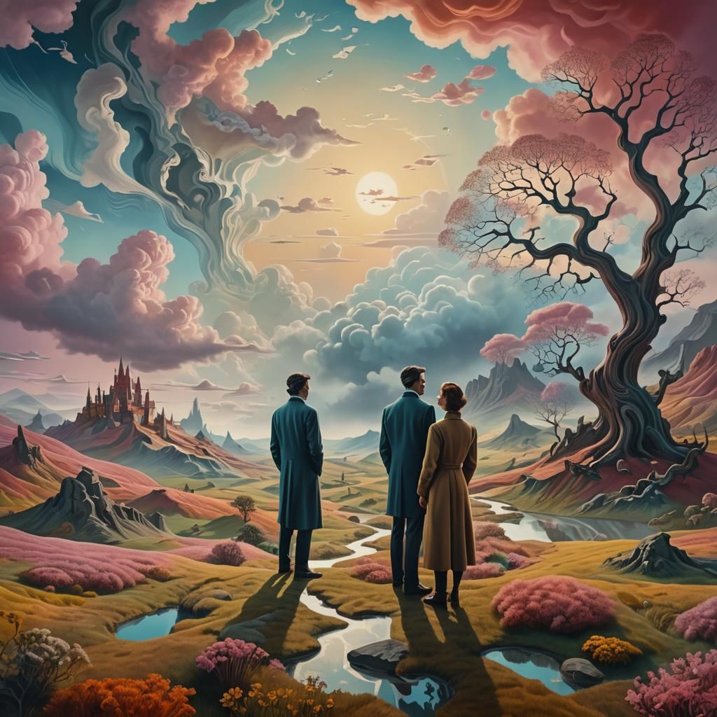 Surreal Encounter in Dreamlike Landscape, Salvador Dali Styl...