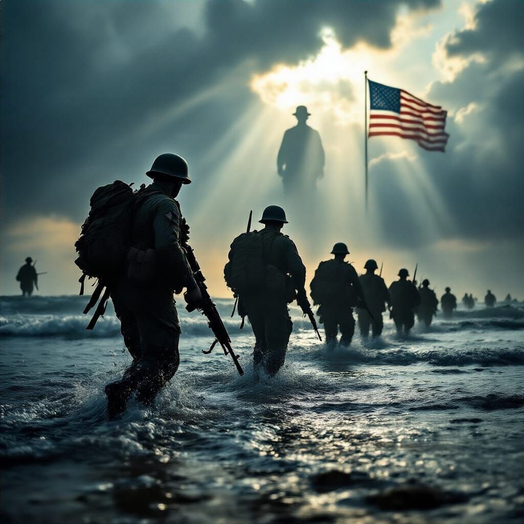 Marines Landing on Foreign Shore Under Dramatic Sky