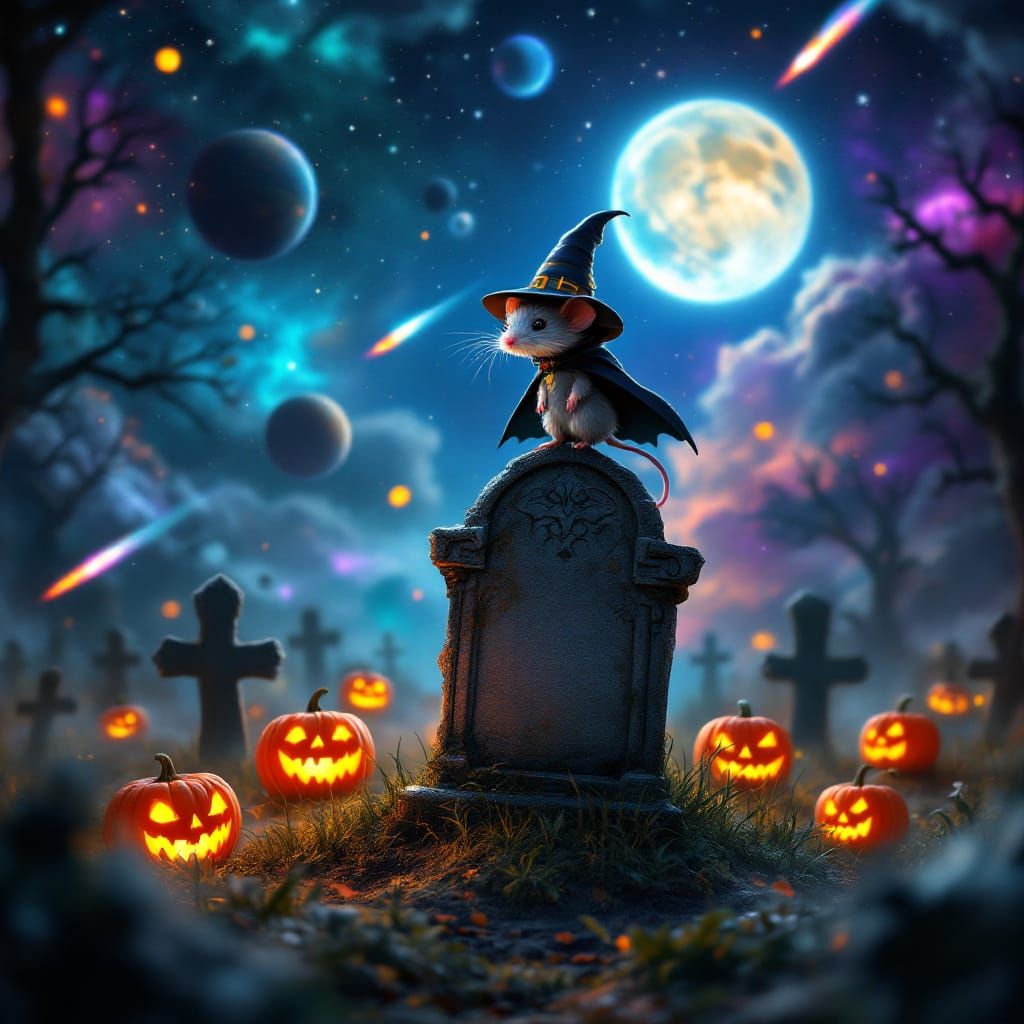 Halloween Chibi Mouse in Graveyard, Hyperrealistic Photograp...
