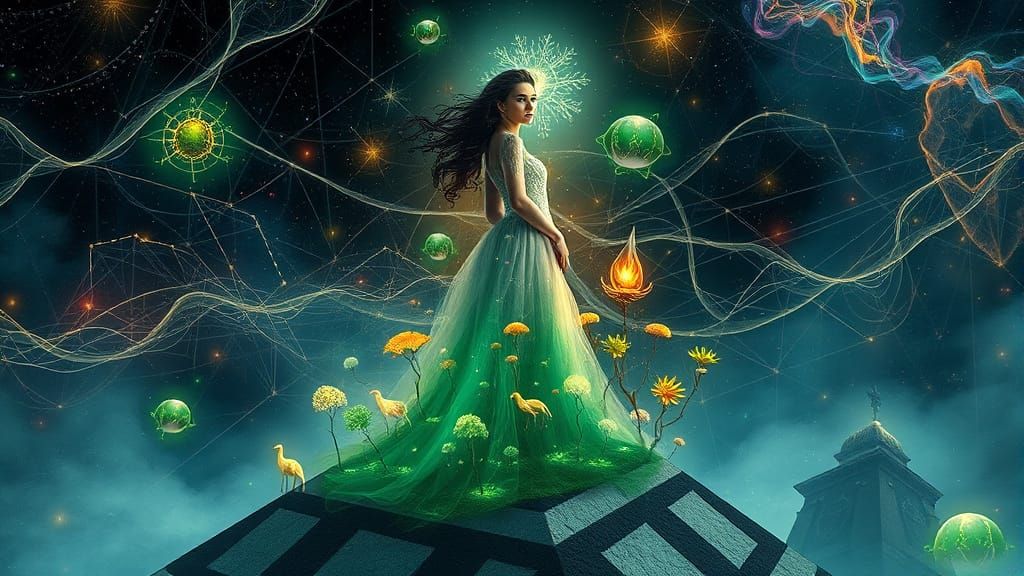 Woman Transformed into a Luminous Ecosystem with Glowing Cre...