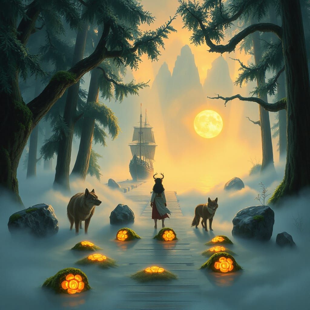 San in Sacred Forest Clearing with Wolf Companions and the F...