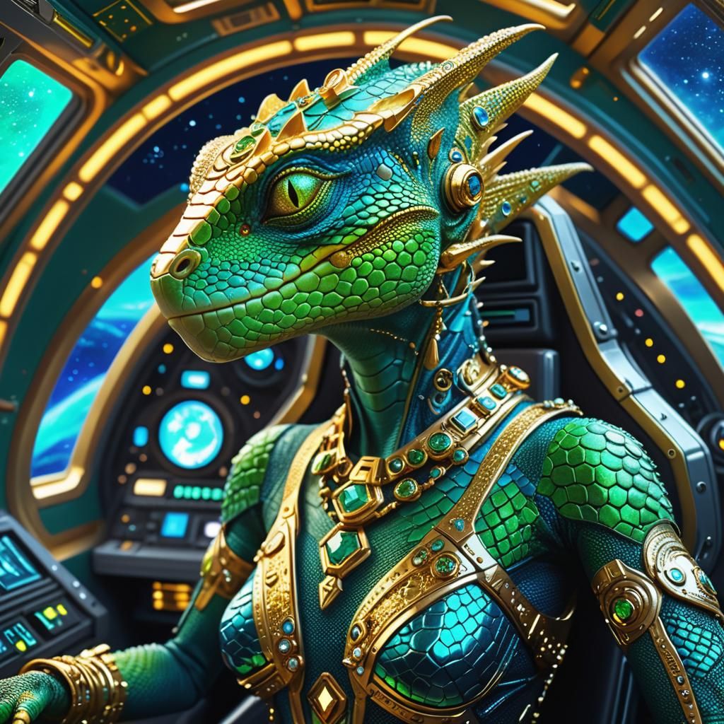 Lizard Woman Pilot in Spaceship Cockpit