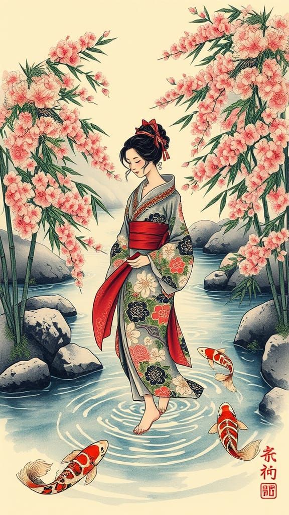 Neo-Japanese Tattoo Design with Cherry Blossoms and Koi