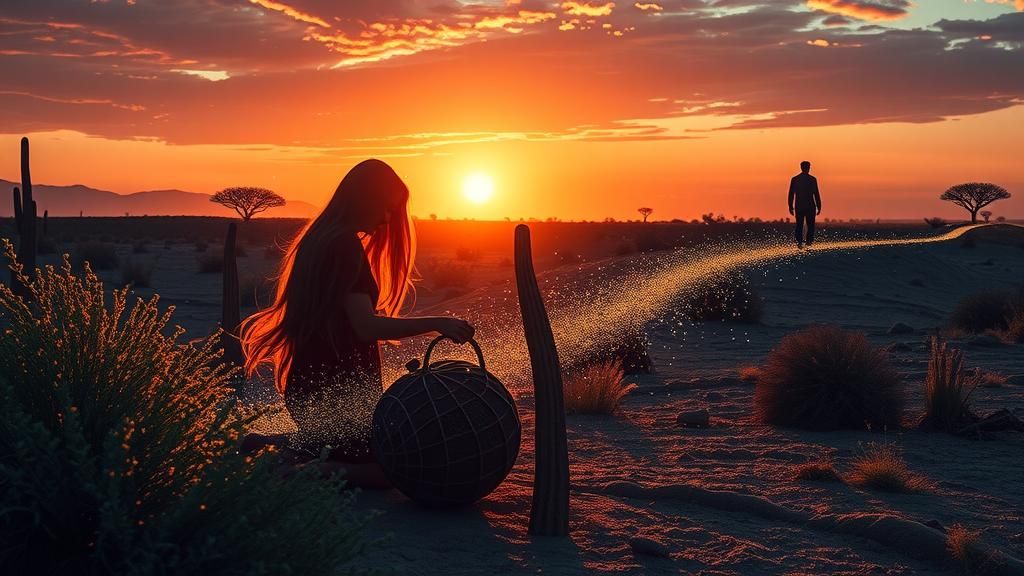 Woman and Mythical Flora at Sunset in Digital Art Style