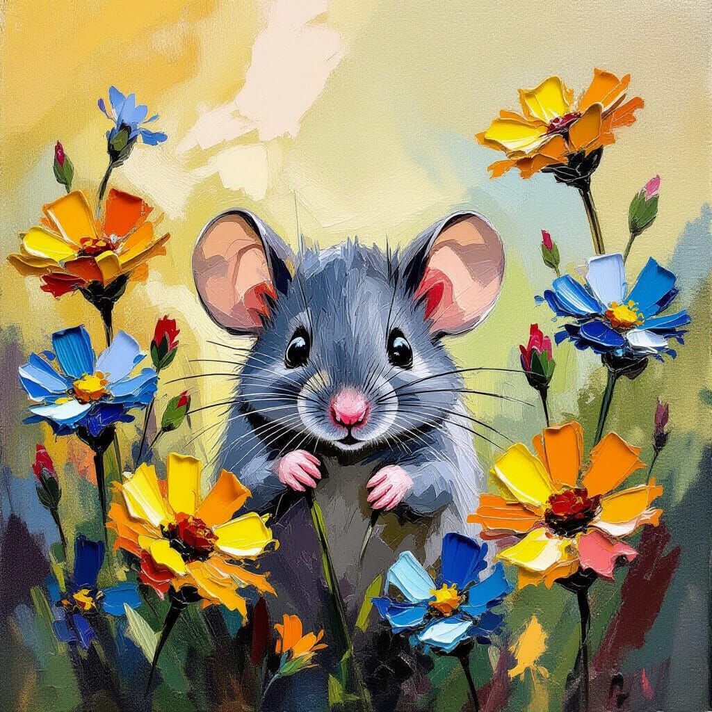 Mouse Among Wildflowers in Impasto Oil Painting Style