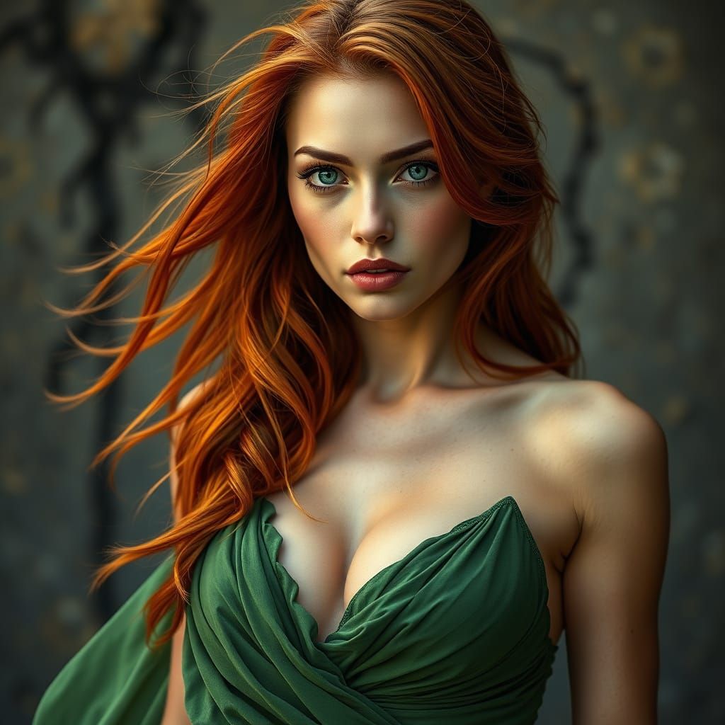 Ethereal Goddess in Moss-Green Gown