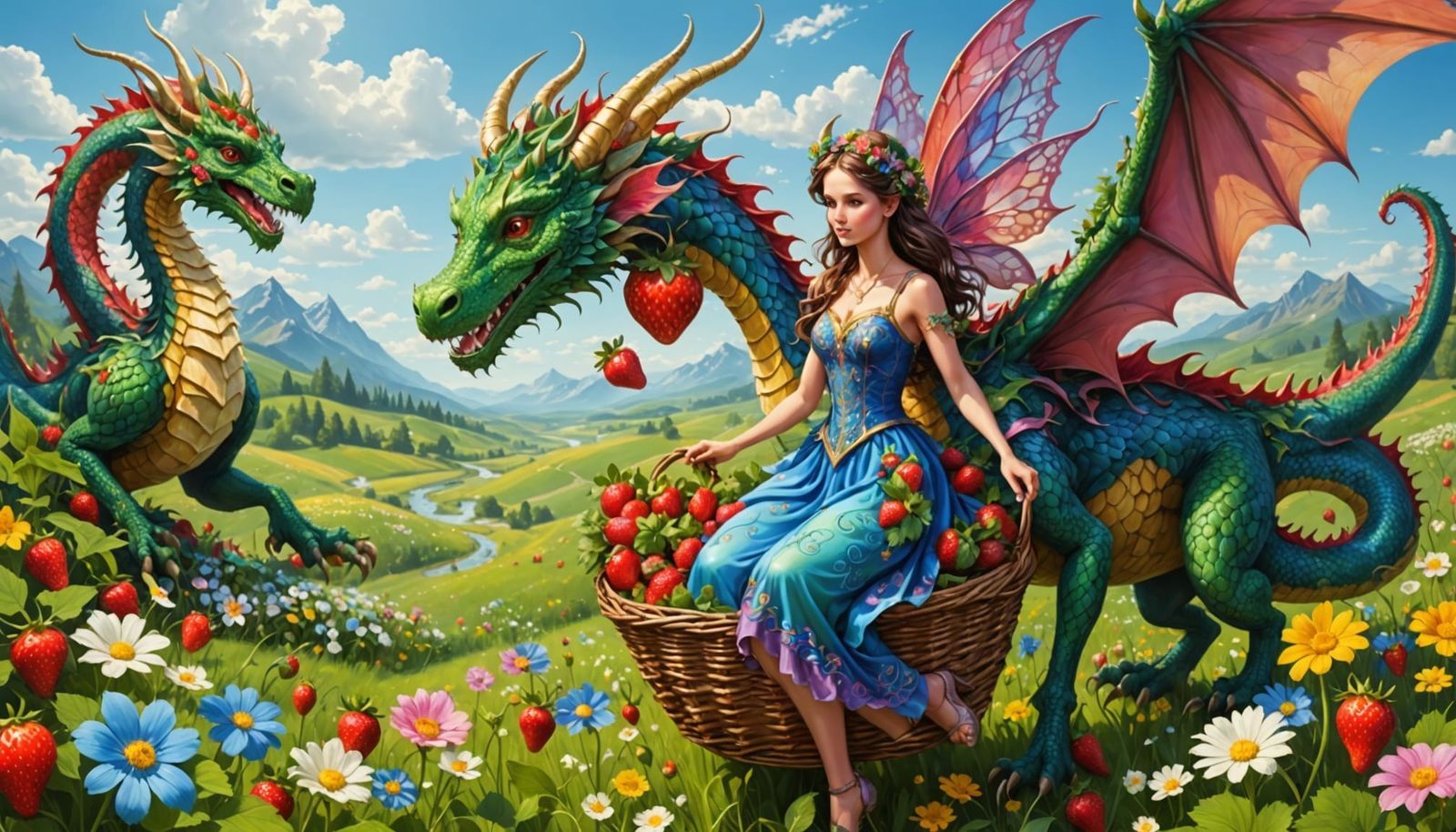Fairy and Dragon Picking Strawberries in a Field