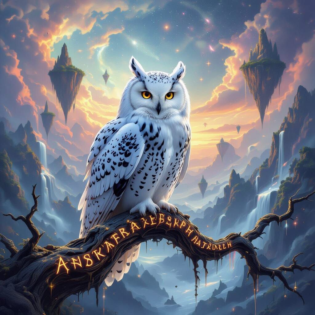 Cosmic Owl on Rune Branch in Dreamlike Landscape