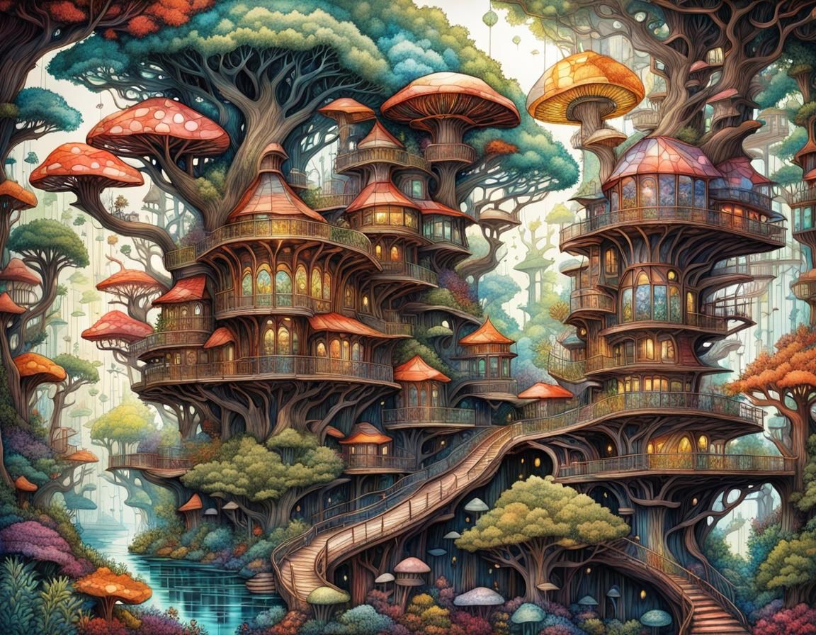 Steampunk Tree Village in Crystal and Glass