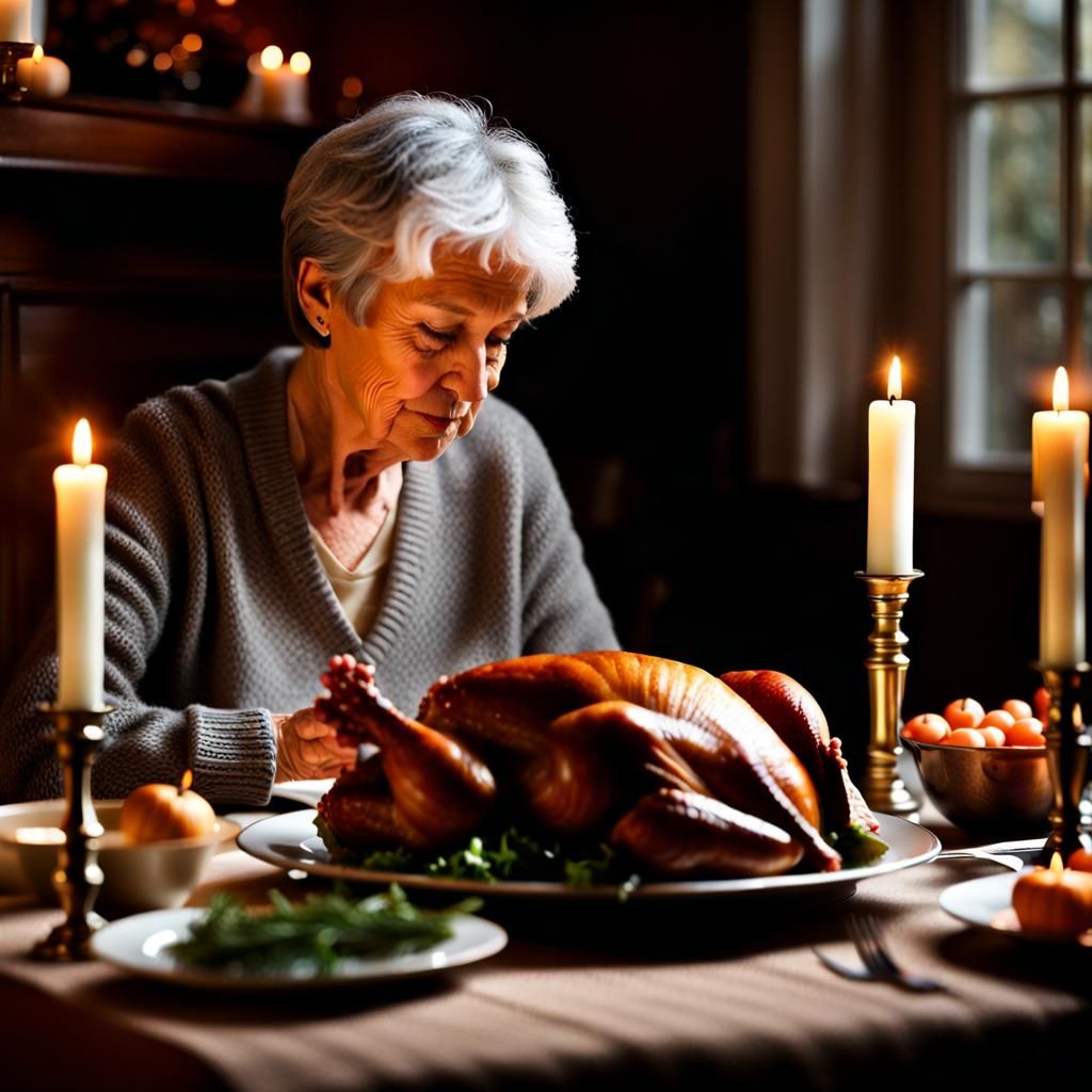 photo of a lone older woman with gray short hair, praying thanks, a small thanksgiving dinner, a small turkey on small ...