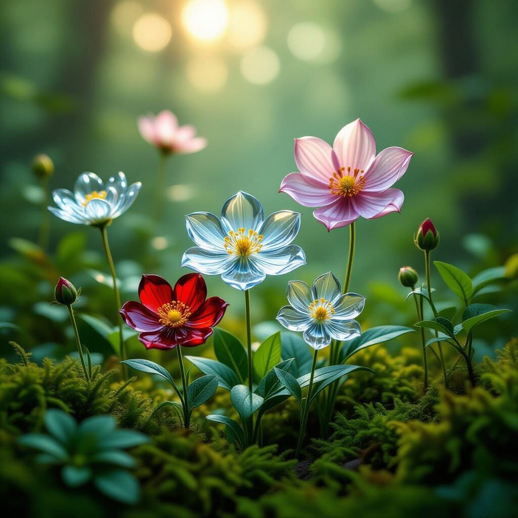 Crystal Flowers in Vibrant Forest, Photographic Style