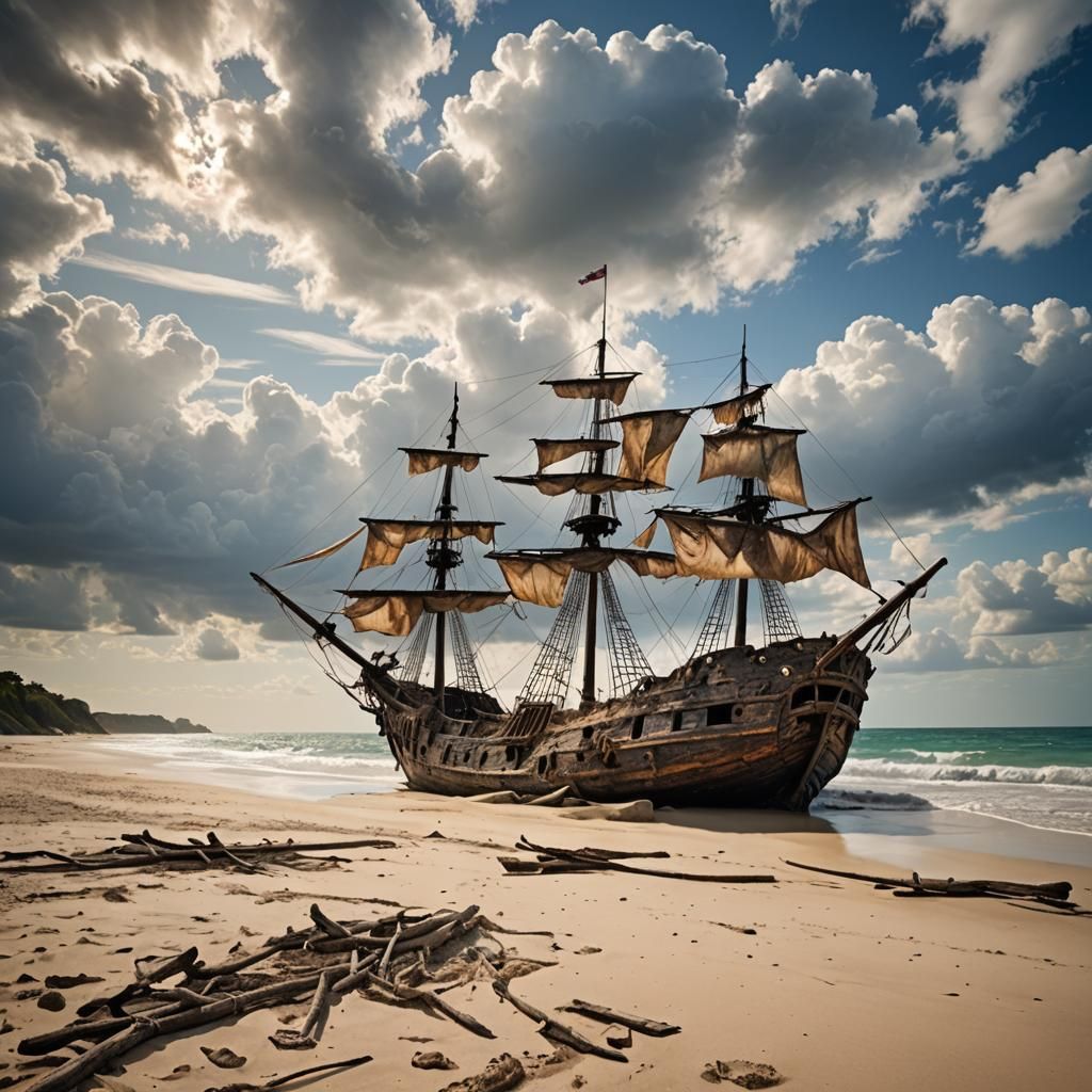 Wrecked Pirate Ship on Sparkling Sandy Beach