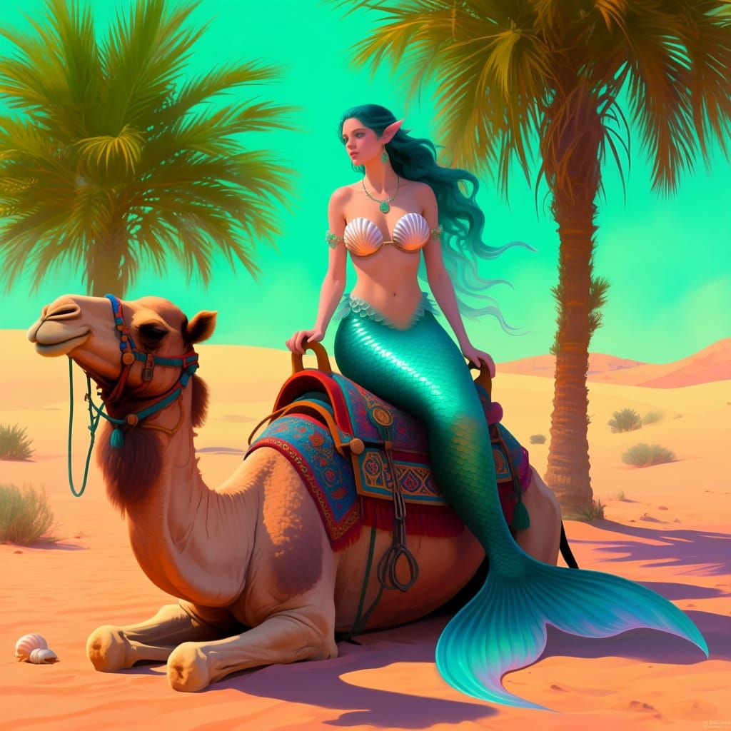 Mermaid on Camel in Desert Oasis