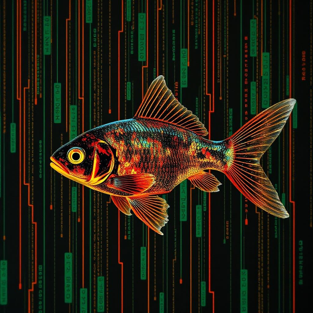 Glitchcore Goldfish in a Digital Matrix